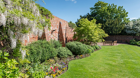 Garden of Remembrance on the Loughborough campus. There is grass, plants, trees and benches.