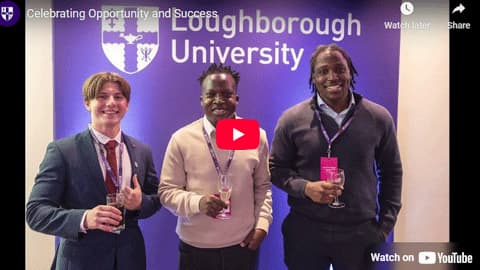 A screenshot of a YouTube video which includes three scholars standing in front of a Loughborough University sign against a purple background.