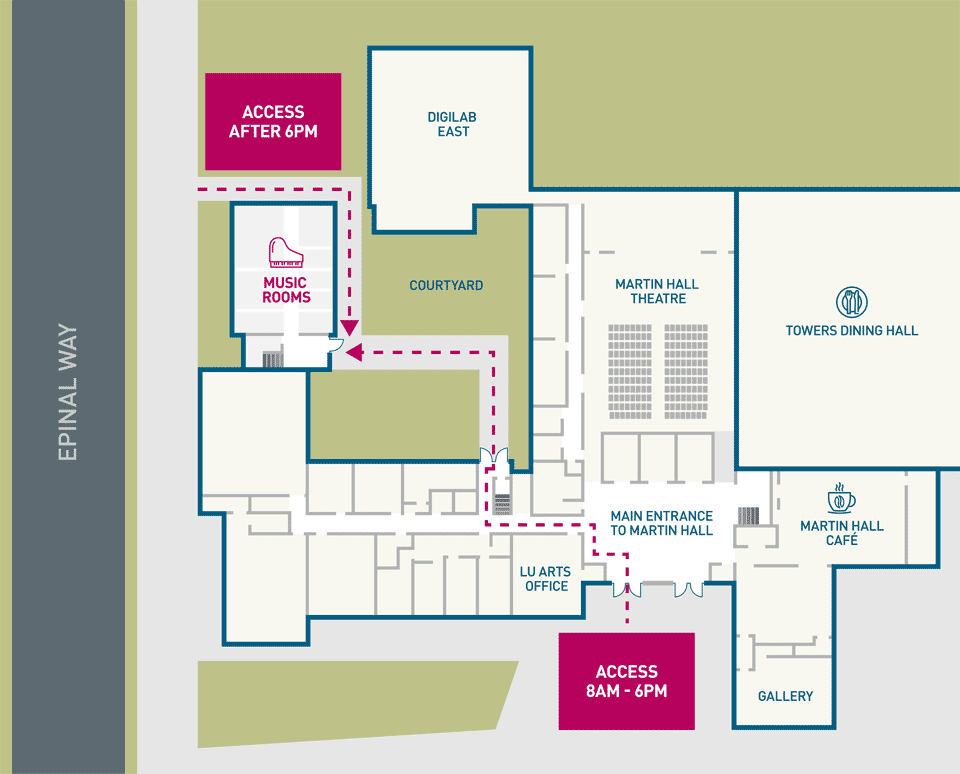 Between 9am and 6pm you can enter Martin Hall main entrance, turn left into the corridor, exit through the doors beneath the stairs on the right-hand side and out into the courtyard, the music rooms are on the left. Outside of these hours, you can only access the music rooms via the external courtyard entrance and the music rooms are in the building immediately on your right.