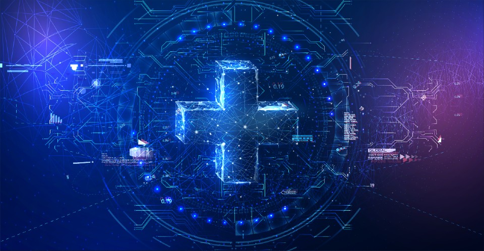 A vector showing a medical cross on a blue background with lines and numbers surrounding it to give it a technological feel.