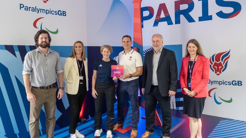 Pictured from the left is Richard Wheater, the University’s Director of Sport, Professor Jo Maher, Pro Vice-Chancellor for Sport, Penny Briscoe, Director of Sport for ParalympicsGB, Alasdair Donaldson, the University’s Head of Para Sport, Professor Nick Jennings, Loughborough’s Vice-Chancellor, and Professor Rachel Thomson, Provost and Deputy Vice-Chancellor.