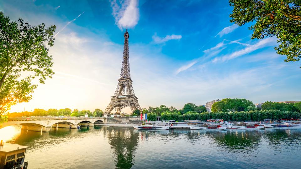 Paris Eiffel Tower and river Seine with sunrise in Paris, France.