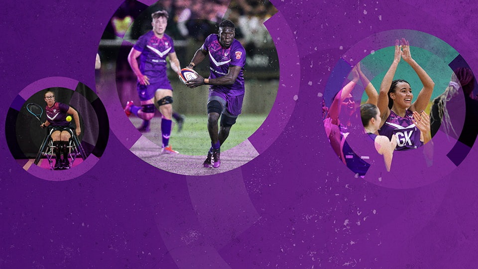 Three images on a purple background. One of a wheelchair tennis player, one of some rugby players, and one of some netball players