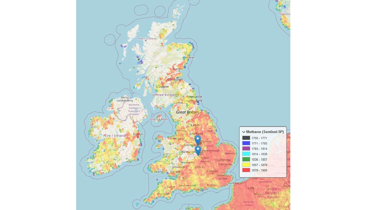A heatmap of the UK, showing different methane concentrations