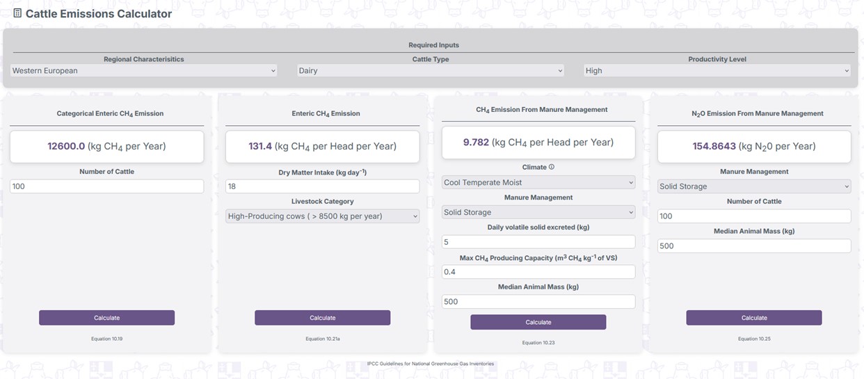 A screenshot showing the cattle emissions calculator