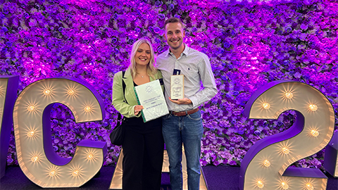 Doctoral Researchers Ellie-May Storr and Thomas Miller with their VC award plaque and certificate