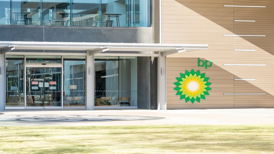 Outside a BP building on a sunny day