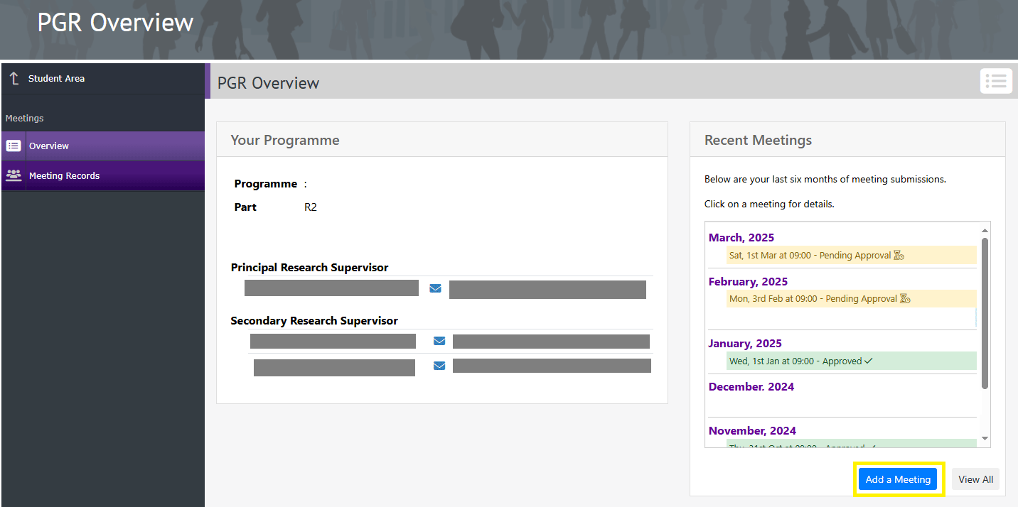 Screengrab of the Postgraduate Research Overview page.