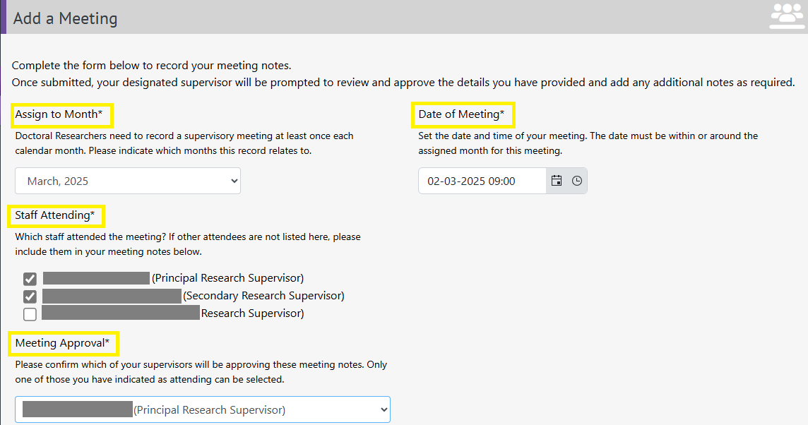 Screengrab of the Add a meeting section, highlighting the four bullets mentioned above.