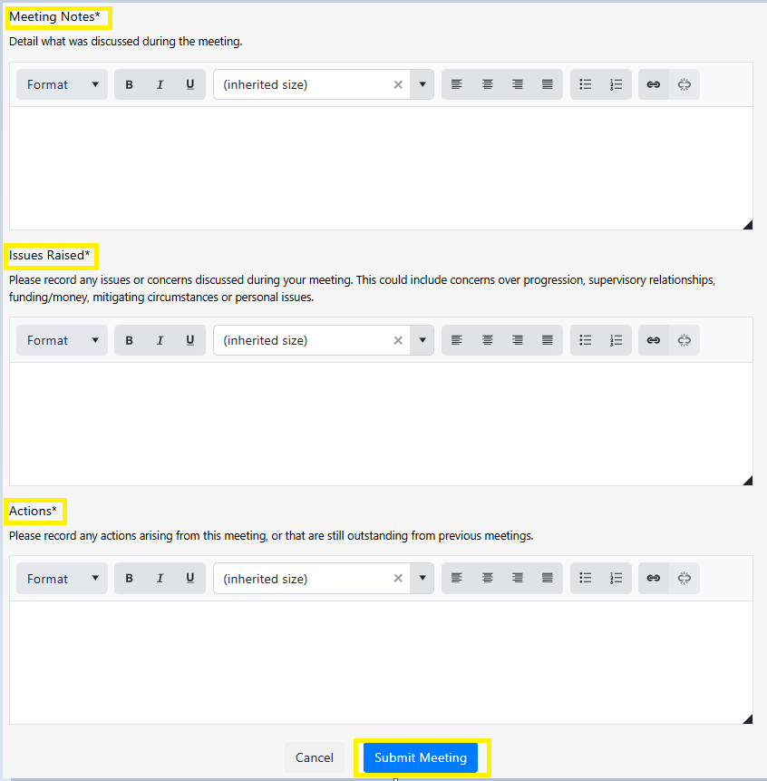 Screengrab of Meeting details section, showing space for notes, issues raised and actions.
