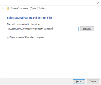 Screenshot of select destination and extract files