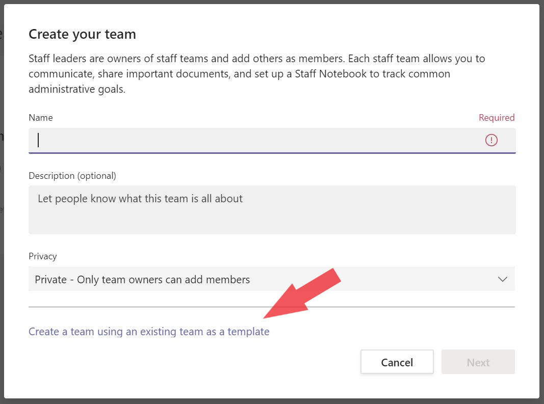 Image showing the option to select creating an MS Team from a template