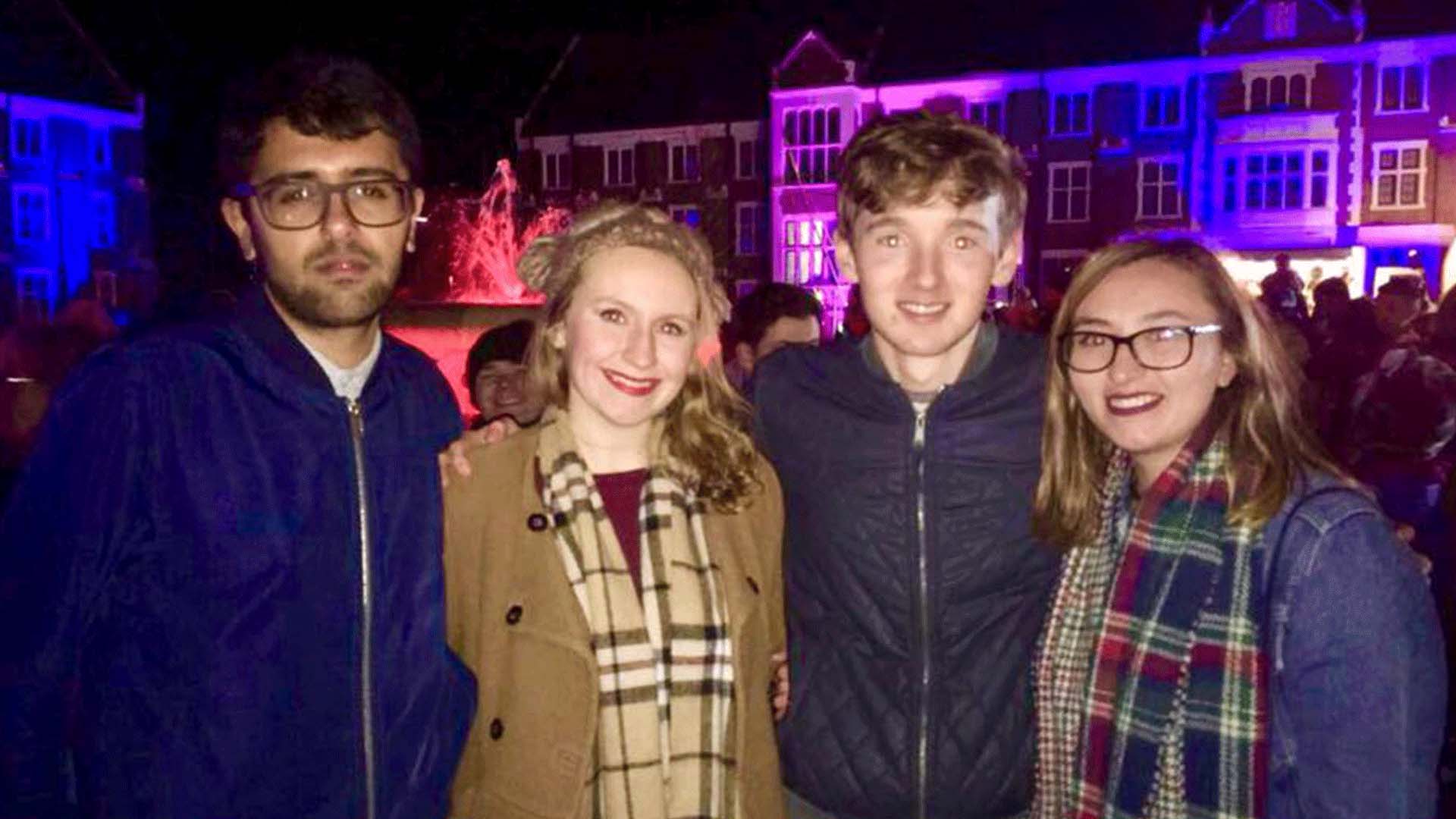 Hannah and her three friends outside the Hazlerigg and Rutland buildings at Loughborough University. 