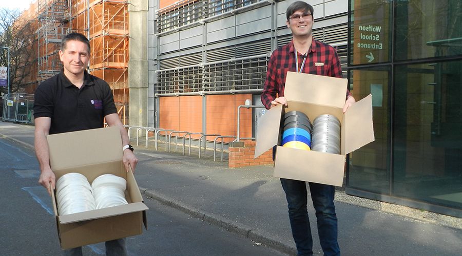 David Thompson and Matt Biddulph of Loughborough University with the visors for Derbyshire NHS Trust

