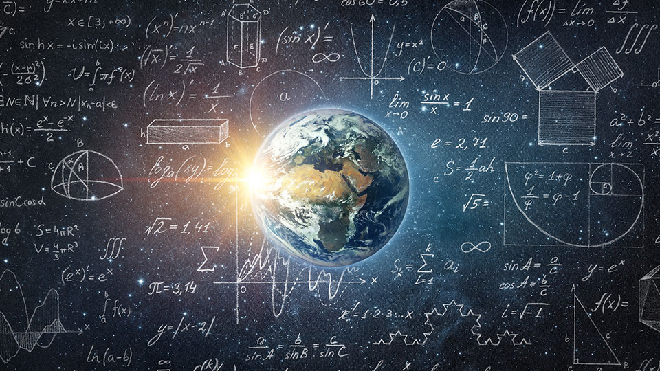 An image of Earth circled by various mathematical formulas and calculations.