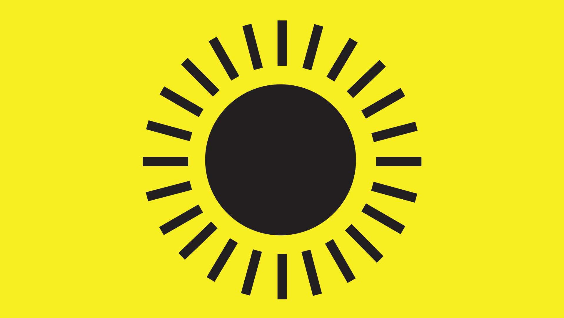 A bright yellow background featuring bold black sun rays radiating outward.