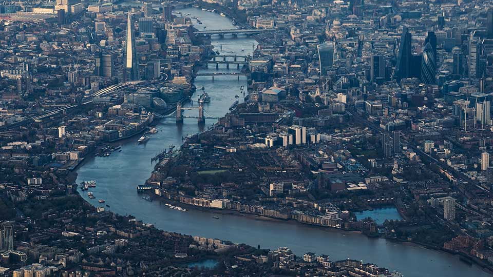 Pictured is an aerial view of London. 