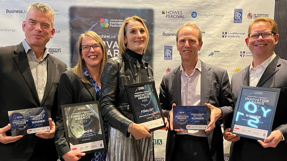 CarbonVue project partners (left to right): Chris Clemmow (SupplyVue), Clare Bailey (Tata Steel UK), Jan Godsell (Dean of Loughborough Business School), Andy Birtwistle (SupplyVue), Tim Stephenson (Tata Steel UK)