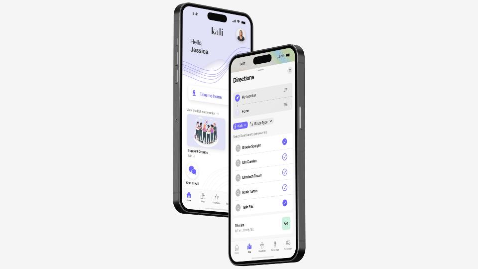 3D render of two iPhone's floating with the Kali app on the screen, on one screen shows the Kali homepage and the other screen shows the 'Directions' page showing a list of guardians to send route to and time it takes to walk.