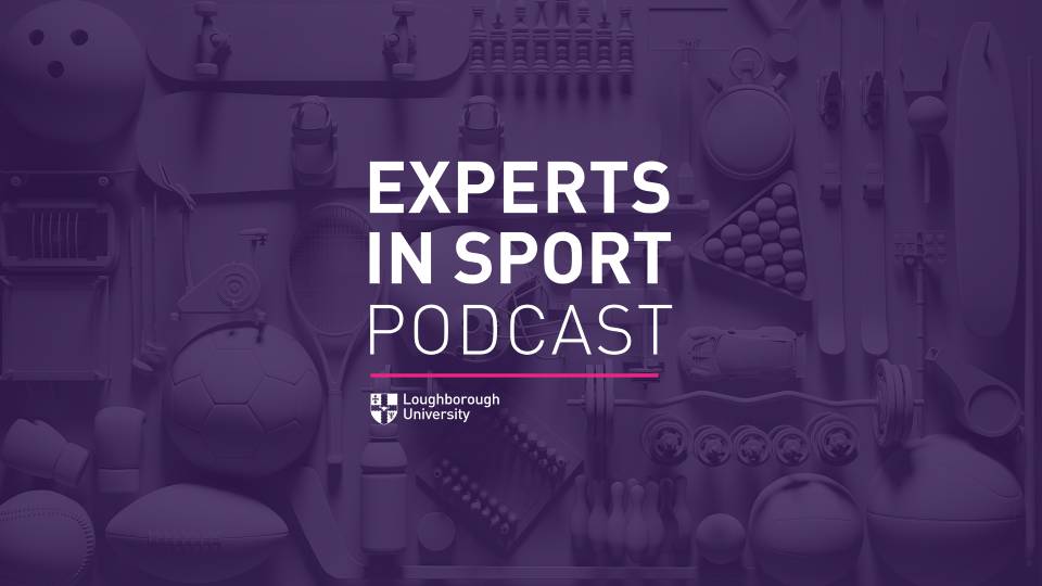 the experts in sport podcast logo superimposed over various sports equipment