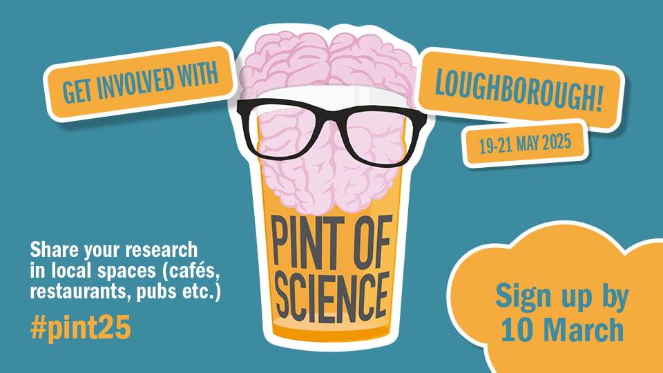 Illustration of a brain wearing glasses inside a pint glass labelled 'Pint of Science'.