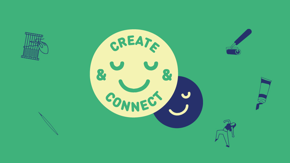 A green and blue graphic of two smiling faces, one with 'create & connect' written inside of it.