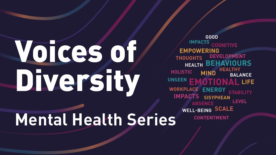 A graphic featuring the title 'Voices of Diversity Mental Health Series' with text highlighting mental health themes within a circle shape.