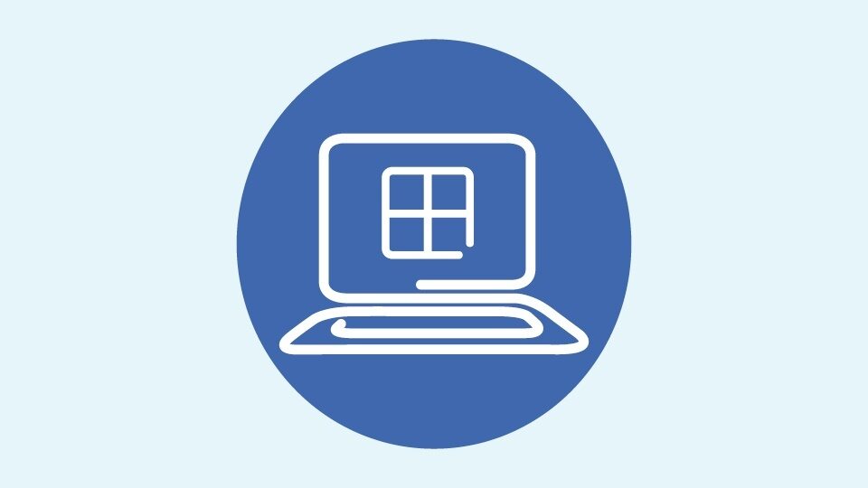 Pale blue background and a blue icon of a laptop with the Windows logo on the screen.
